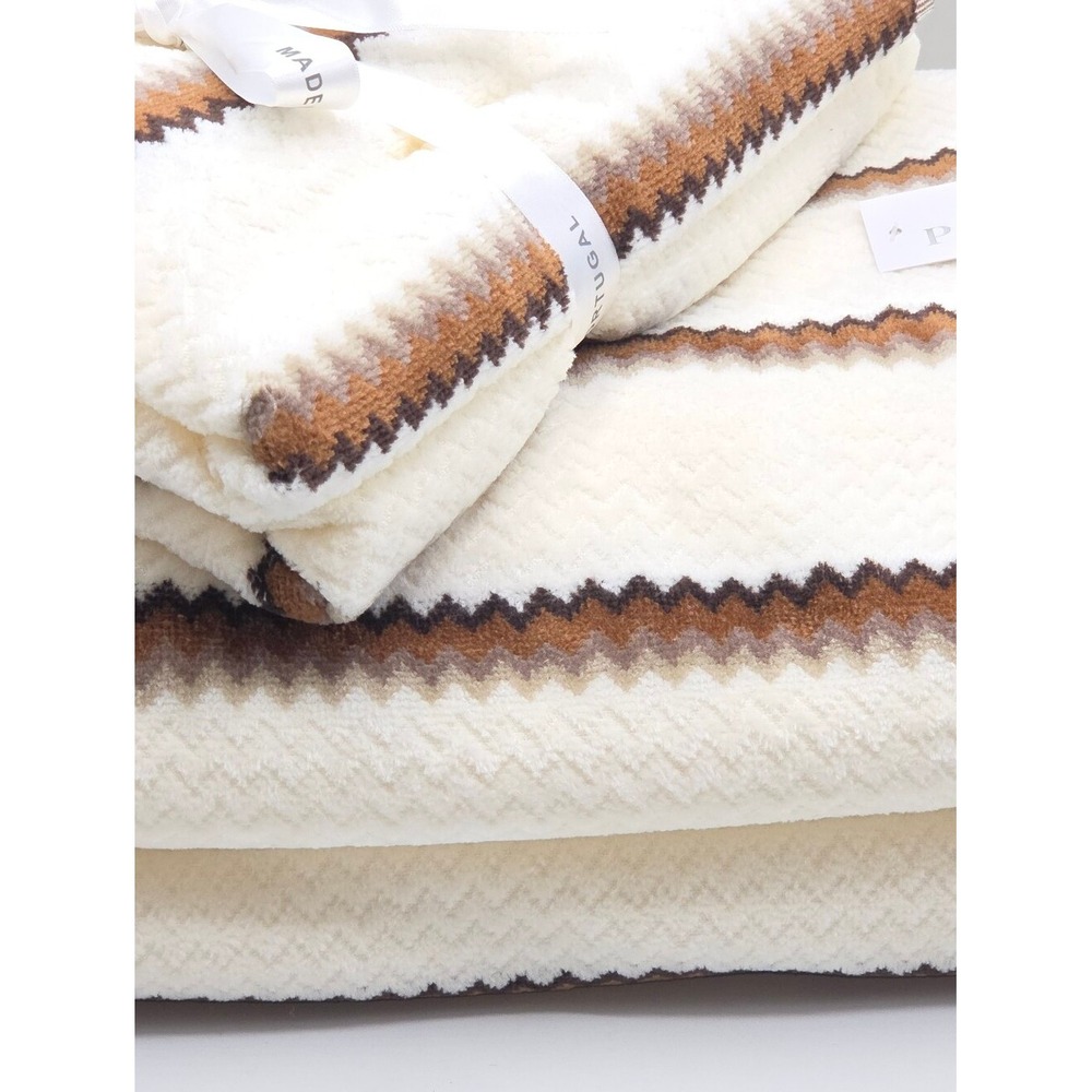 Felpinter 6pc Cotton Bath Hand Towel Set Chevron Stripe Cream Brown Portugal - Picture 3 of 16